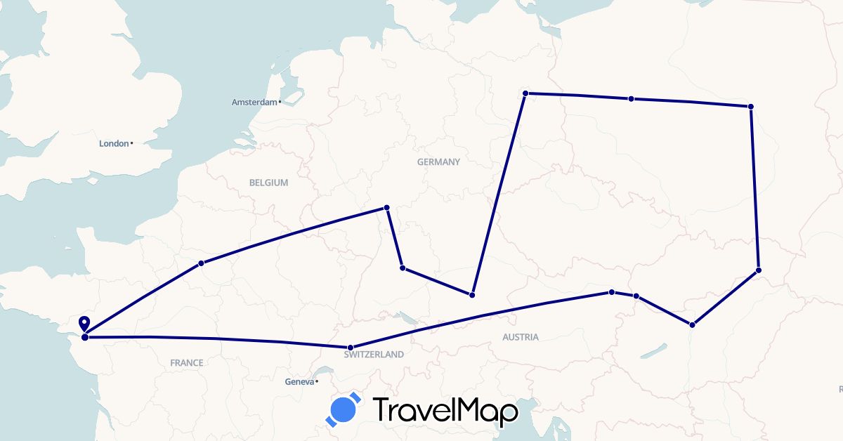 TravelMap itinerary: driving in Austria, Switzerland, Germany, France, Hungary, Poland, Slovakia (Europe)