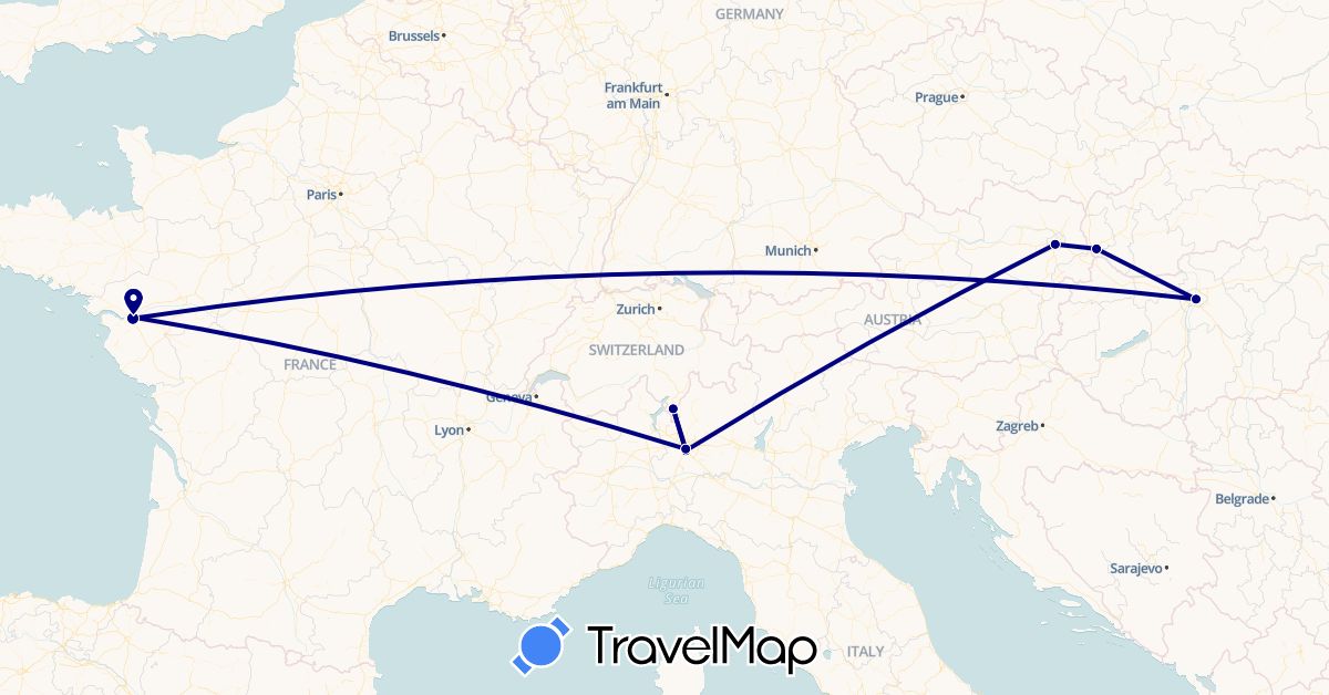 TravelMap itinerary: driving in Austria, Switzerland, France, Hungary, Italy, Slovakia (Europe)